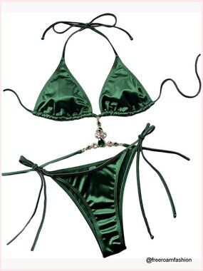 Satin Rhinestone Bikini Set High Waisted Swimsuit Size Small